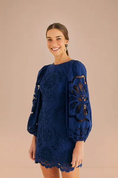 Farm Rio Active Navy Blue Flowery Richelieu Mini Dress | ModeSens