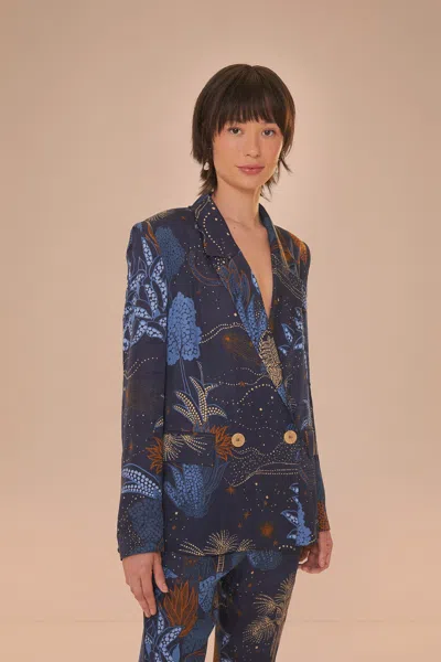 Farm Rio Navy Blue Night Jungle Blazer In Night Jungle Navy Blue