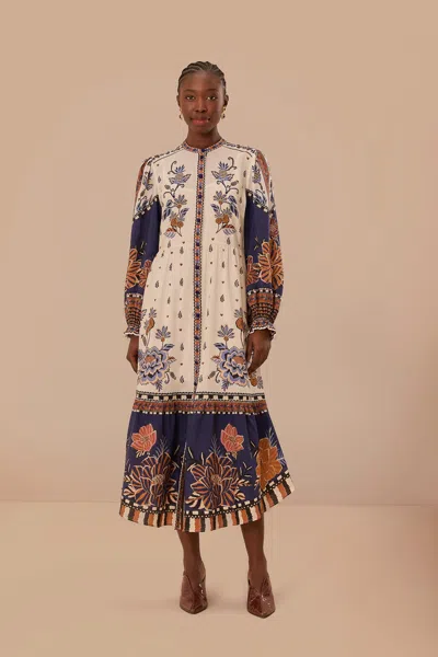 Farm Rio Off-white Ainika Maxi Floral Long Sleeve Midi Dres In Ainika Maxi Floral Off-white