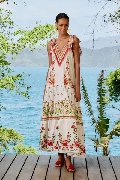 Farm Rio Active Off-white Apple Romance Embroidered Lenzing Ecovero Euroflax Maxi Dress