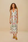 Farm Rio Active Off-white Delicate Forest Euroflax Premium Linen Maxi Dress
