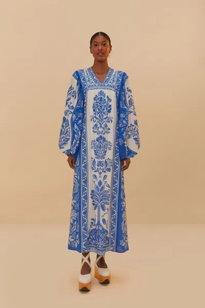 Farm Rio Active Off-white Delicate Tapestry Long Sleeve Maxi Dress In Delicate Tapestry Off-white