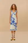 Farm Rio Active Off-white Floral Cascade Wavy Midi Dress In Blue Floral Cascade Off-white