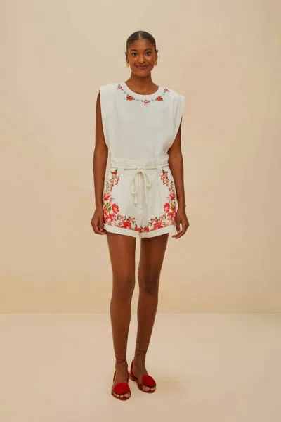 Farm Rio Active Off-white Flower Tapestry Embroidered Shorts