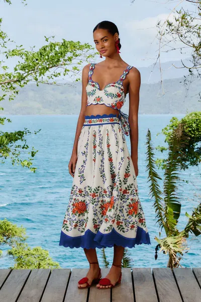 Farm Rio Off-white Flower Tapestry Lenzing Ecovero Euroflax Midi Skirt