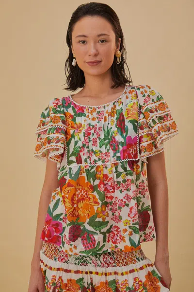 Farm Rio Active Off-white Flowerful Sketch Blouse In Multi