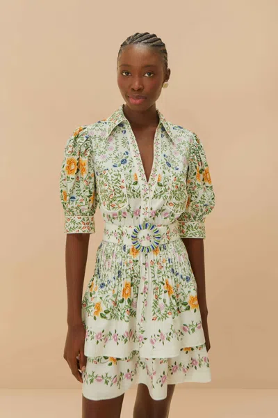 Farm Rio Off-white Folk Floral Short Sleeve Mini Dress In Folk Floral Off-white
