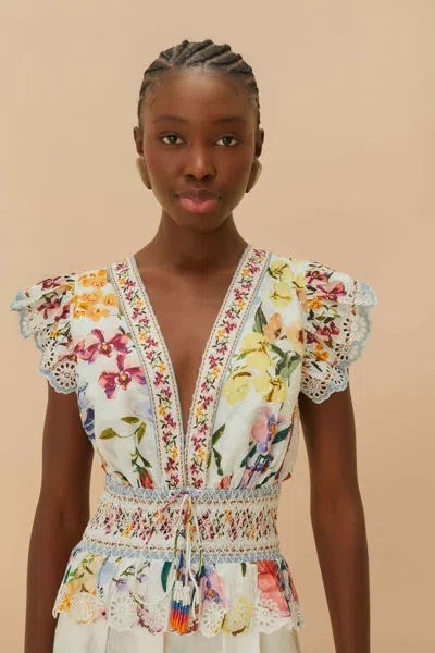 Farm Rio Active Off-white Greek Garden Smocked Blouse