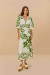 Farm Rio Active Off-white Green Floral Cascade Lenzing Ecovero Euroflax Midi Dress In Green Floral Cascade Off-white