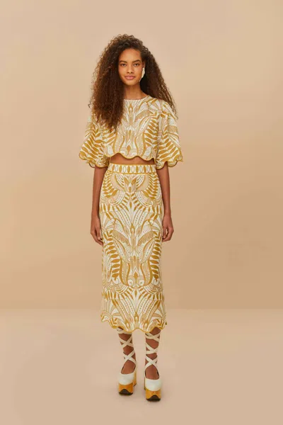Farm Rio Active Off-white Lace Nature Euroflax Premium Linen Midi Skirt