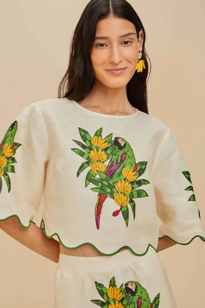 Farm Rio Active Off-white Maracana Bird Euroflax Premium Linen Blouse