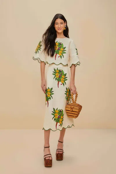 Farm Rio Active Off-white Maracana Bird Euroflax Premium Linen Midi Skirt