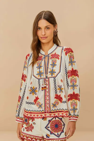 Farm Rio Active Off-white Marys Tiles Embroidered Blouse