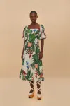 Farm Rio Active Off-white Midnight Macaw Fiesta Midi Dress In Midnight Macaw Fiesta Off-white