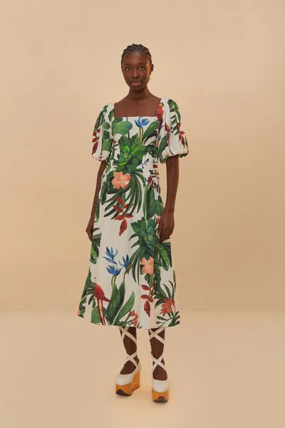 Farm Rio Active Off-white Midnight Macaw Fiesta Midi Dress In Midnight Macaw Fiesta Off-white