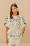 Farm Rio Active Off-white Mystic Blue Lotus Dreamscape Blouse