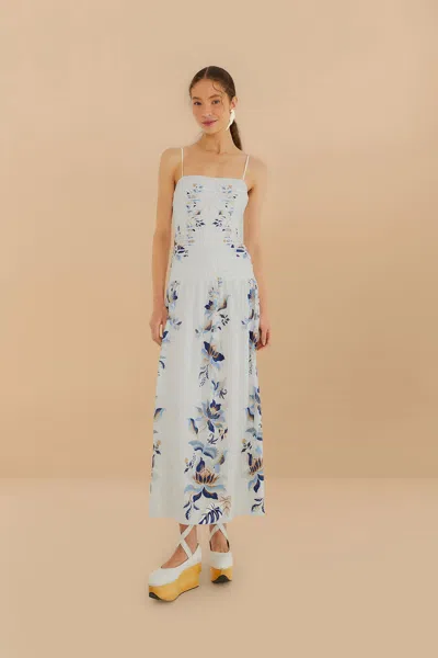 Farm Rio Active Off-white Mystic Blue Lotus Dreamscape Lenzing Ecovero Euroflax Midi Dress In Mystic Blue Lotus Dreamscape Off-white