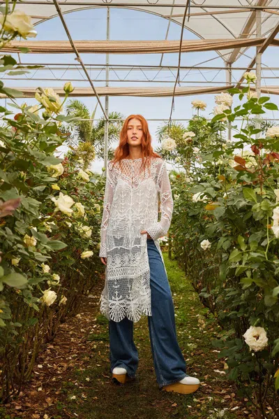 Farm Rio Active Off-white Nautical Guipure Long Sleeve Midi Dress