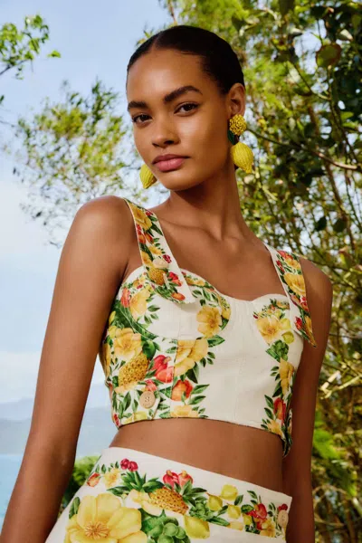 Farm Rio Active Off-white Picnic Flowers Euroflax Premium Linen Crop Top