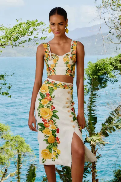 Farm Rio Active Off-white Picnic Flowers Euroflax Premium Linen Viscose Midi Skirt
