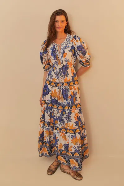 Farm Rio Active Off-white Summer Flowers Beaded Tassels Maxi Dress In Summer Flowers Off-white