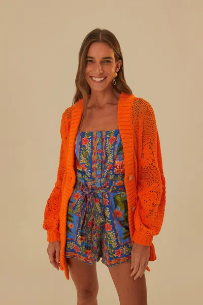 Farm Rio Active Orange Embroidered Knit Cardigan