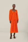 FARM RIO ACTIVE ORANGE LACE LONG SLEEVE MIDI DRESS