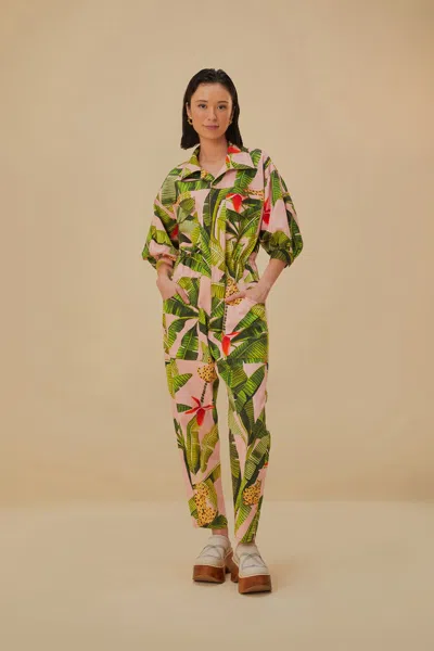 Farm Rio Active Pink Banana Leaves Jumpsuit In Green