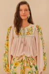 Farm Rio Pink Botanical Beauty Long Sleeve Blouse
