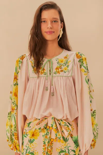 Farm Rio Active Pink Botanical Beauty Long Sleeve Blouse