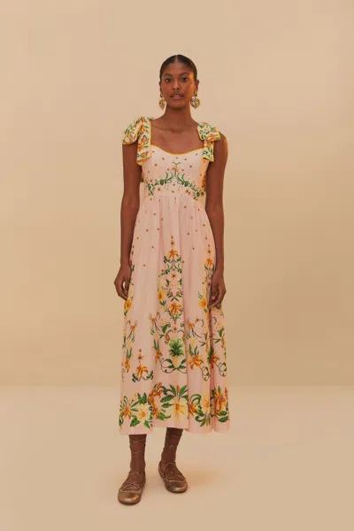 Farm Rio Active Pink Botanical Beauty Shoulder Bow Midi Dress