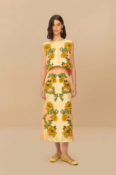 Farm Rio Active Pink Delicate Flower Arabesques Euroflax Premium Linen Midi Skirt