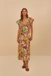 Farm Rio Active Pink Into The Jungle Euroflax Premium Linen Midi Dress In Into The Jungle Pink