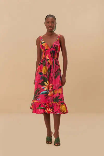 Farm Rio Active Pink Leopard Flowers Organic Cotton Midi Dress In Leopard Flowers Pink