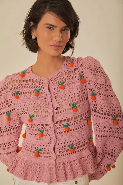 Farm Rio Active Pink Orange Tassel Crochet Blouse