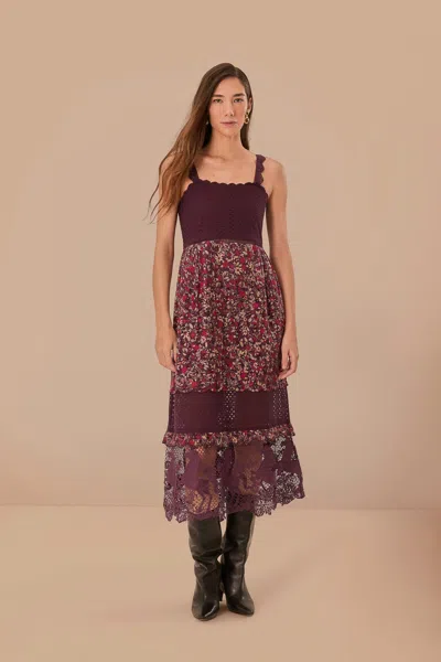 Farm Rio Purple Chelsea Garden Embroidered Lace Midi Dress In Chelsea Garden Purple