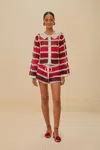 Farm Rio Active Red Colorful Crochet Tiles Shirt