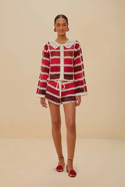 Farm Rio Active Red Colorful Crochet Tiles Shirt