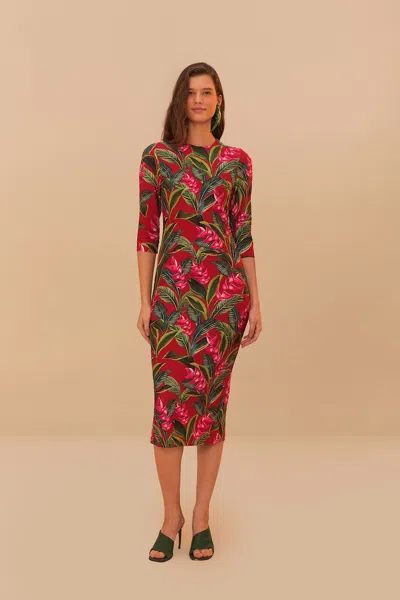 Farm Rio Active Red Dream Garden Jersey Midi Dress In Dream Garden Red