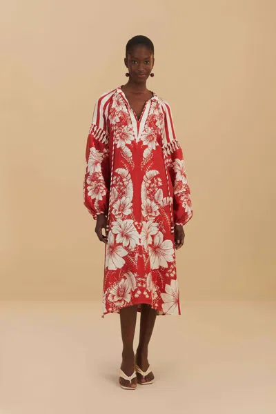 Farm Rio Red Floral Chains Stripes Midi Dress In Floral Chain Stripes Multicolor