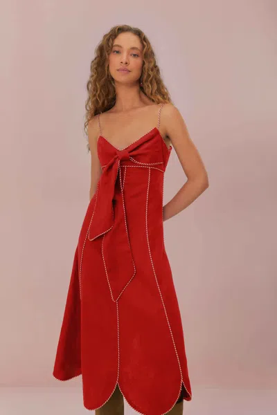 Farm Rio Active Red Front Bow Midi Dress In Dark Red