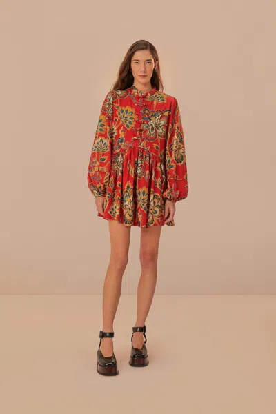 Farm Rio Red Maxi Floral Long Sleeve Mini Dress In Maxi Floral Red