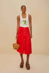 Farm Rio Active Red Mixed Buttons Euroflax Premium Linen Midi Skirt