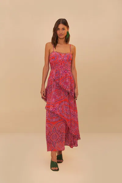 Farm Rio Active Red Paisley Scarf Loopy Trim Maxi Dress In Paisley Scarf Red