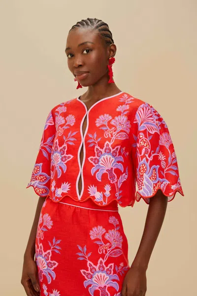 Farm Rio Active Red Porcelain Garden Euroflax Premium Linen Blouse
