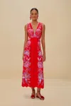 Farm Rio Active Red Porcelain Garden Euroflax Premium Linen Midi Dress