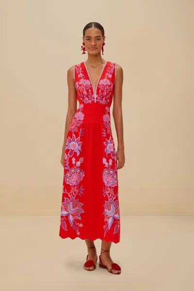 Farm Rio Active Red Porcelain Garden Euroflax Premium Linen Midi Dress