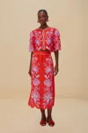 Farm Rio Red Porcelain Garden Euroflax Premium Linen Midi Skirt