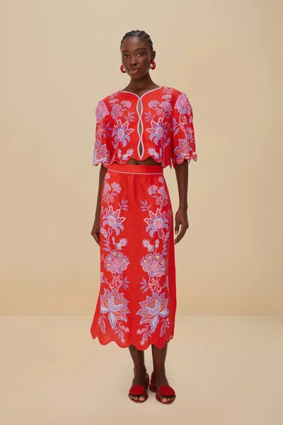 Farm Rio Active Red Porcelain Garden Euroflax Premium Linen Midi Skirt