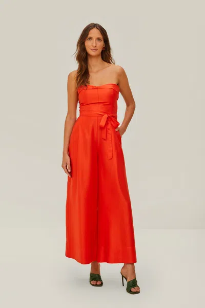 Farm Rio Strapless Straight Neckline Jumpsuit In Red